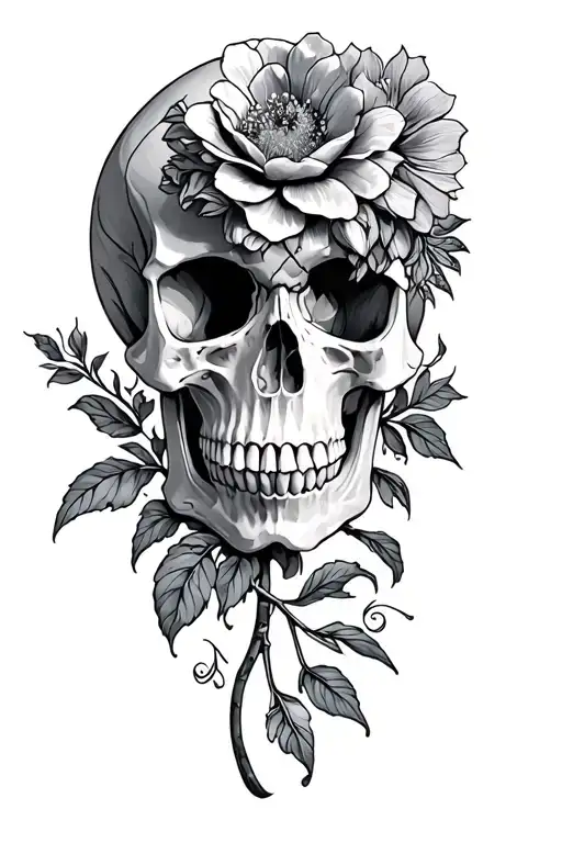 skull and flowers tattoo design idea