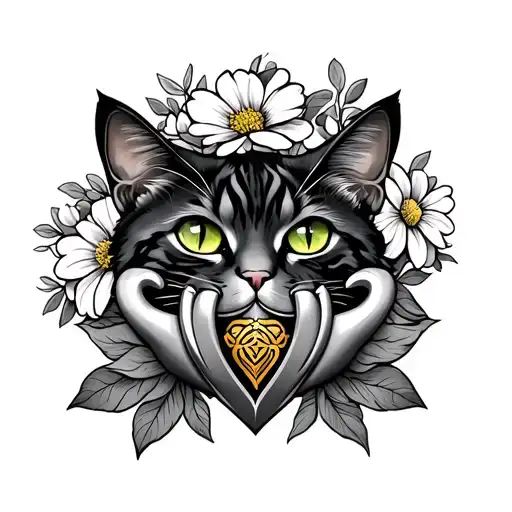 cat, flowers, Irish Claddagh symbol tattoo design idea