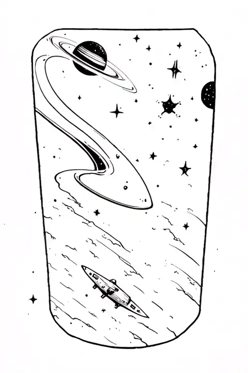 galactic scene with a comet, nebula, ringed planet, stars, a tiny starship in the distance, and stardust tattoo design idea