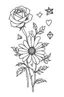 rose flower, sweet pea flower, honeysuckle flower, daisy, sun, heart, diamond, star tattoo design idea