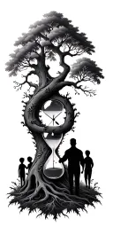 Oak forest wrap around and family tree and hour glass father with 3 kids tattoo design idea