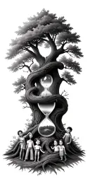Oak forest wrap around and family tree and hour glass father with 3 kids tattoo design idea