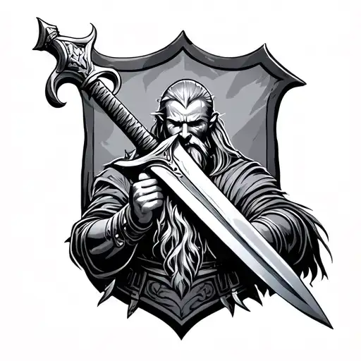viking taking Excalibur sword stuck tattoo design idea