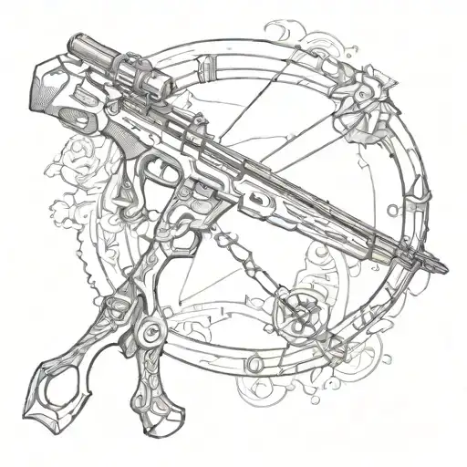 a delicated bow and a crossbow crossed tattoo design idea