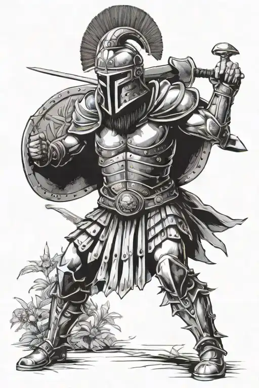 The gladiator is armed with a sword called **Timofeos** and holds a shield with a **cornflower** on it. On his head he wears a **helmet with a scorpion**. tattoo design idea