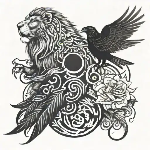 A lion and crow merging into one powerful creature with mystical and otherworldly elements, covering the entire arm from shoulder to wrist tattoo design idea