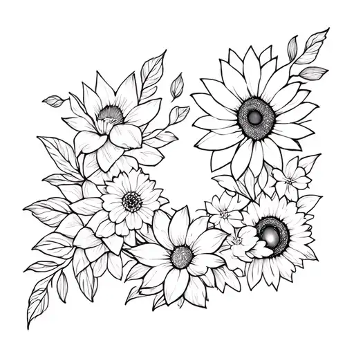 Fineline bouquet of flowers that include sunflowers, tuilps, lotus flowers, and cherry blossoms tattoo design idea