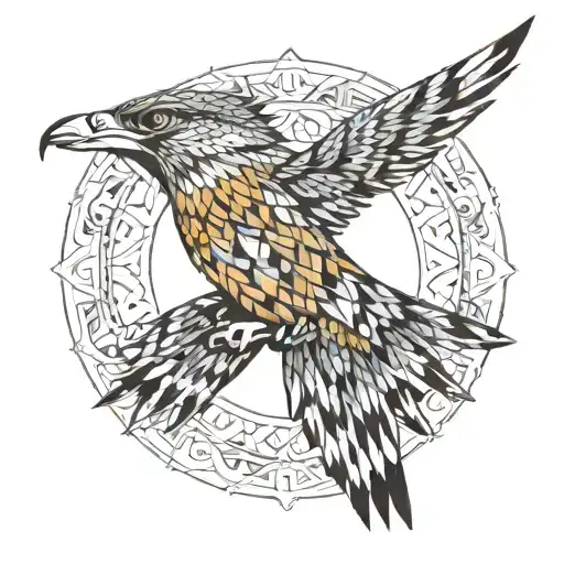 a falcon with outstretched wings flies towards the sun tattoo design idea