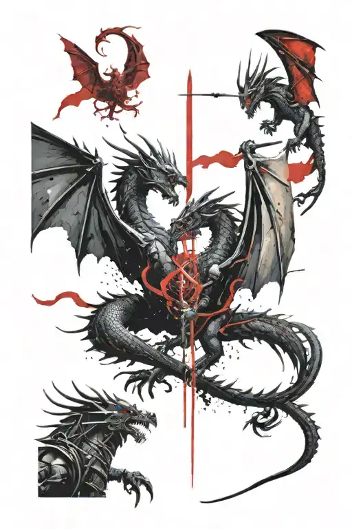 Dragon and a knight facing each other tattoo design idea