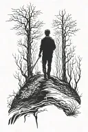 A dark forest through which the path leads upwards, at the beginning of the path a figure standing with his back illumin tattoo design idea