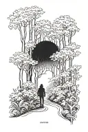 A dark forest through which the path leads upwards, at the beginning of the path a figure standing with his back illumin tattoo design idea