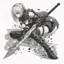 Nier Automata 2B's Sword stabbed in lunar tears under a faint lake tattoo design idea