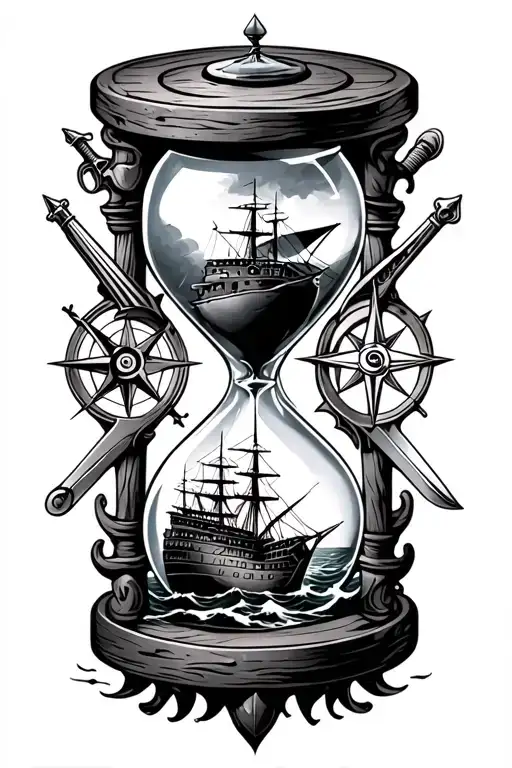 an hourglass with an old battleship on rough seas in the bottom half & a sword, pistol, quill & compass in the top half tattoo design idea
