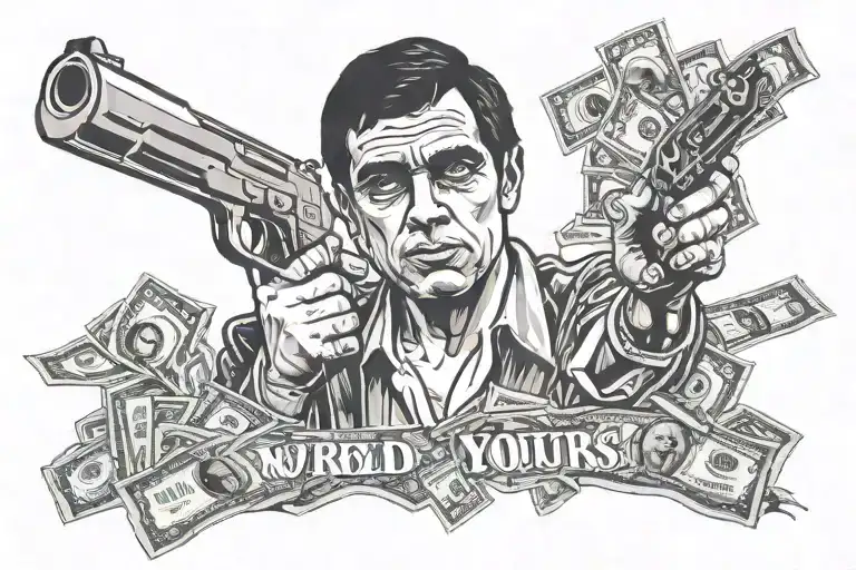 scarface with money and gun and the world is yours writte tattoo design idea