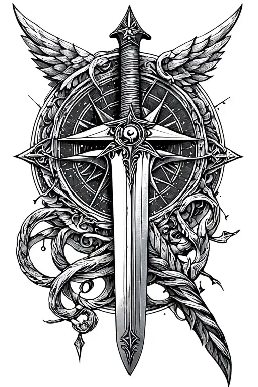 long sword with devine intervention and compass rose intertwined tattoo design idea