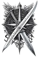 long sword with devine intervention and compass rose intertwined tattoo design idea