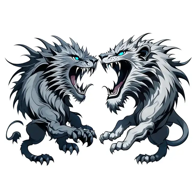 dragon with blue eyes fighting a lion roaring and grey accross both with blue eyes tattoo design idea