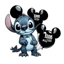stitch from lilo and stitch holding 3 balloons shaped like Mickey Mouse head, with dates in the balloons  tattoo design idea