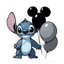 stitch from lilo and stitch holding 3 balloons shaped like Mickey Mouse head, with dates in the balloons  tattoo design idea