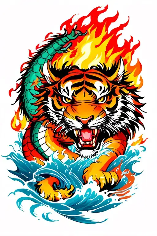 tatoo style yakuza dragon vs tiger fight on fire aslo water tattoo design idea