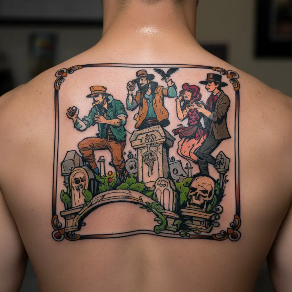 four people parkouring through a graveyard tattoo design idea
