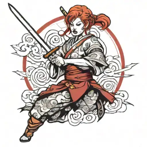 Female crimson redhaired pinup samurai warrior wielding a crimson katana. tattoo design idea