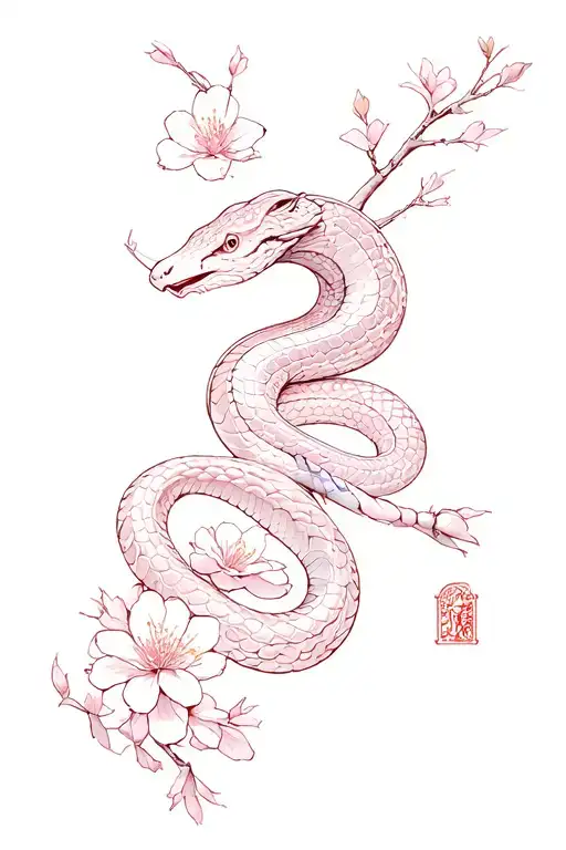 숭고한 going down my spine and has cherry blossom flowers and a snake. tattoo design idea
