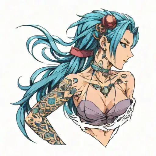 1girl, against_wall, arm_tattoo, blue_eyes, blue_hair, braid, breasts, facial_tattoo, jinx_\(league_of_legends\), long_h tattoo design idea