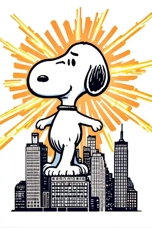 nyc skyline. Simple thick lines. Snoopy from the waist up, rising behind with arms stretch. Laser beams shooting paws tattoo design idea