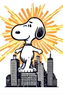 nyc skyline. Simple thick lines. Snoopy from the waist up, rising behind with arms stretch. Laser beams shooting paws tattoo design idea