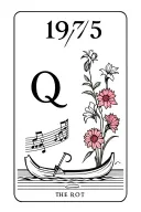 a tarot card featuring: the number 1975, the letter Q, chrysanthemum, gladiolus, a rowing boat, musical notes  tattoo design idea