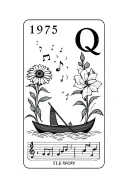 a tarot card featuring: the number 1975, the letter Q, chrysanthemum, gladiolus, a rowing boat, musical notes  tattoo design idea