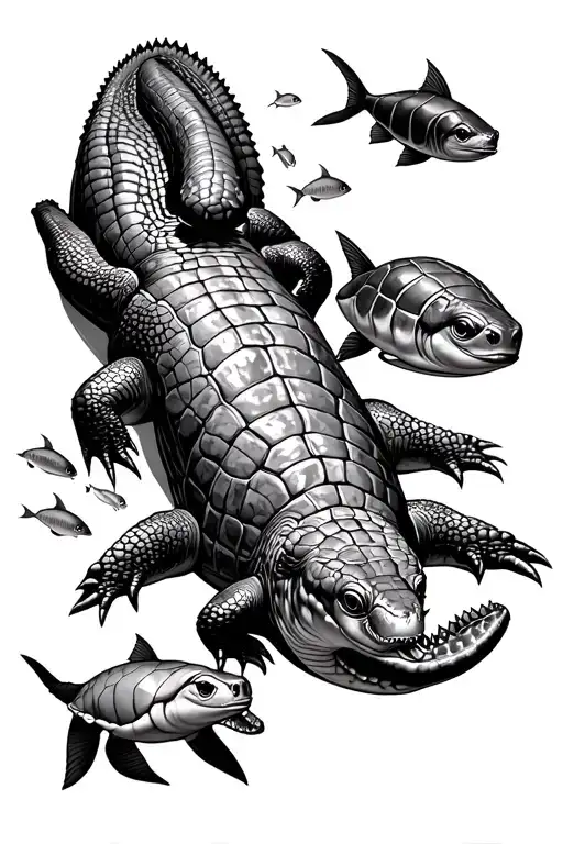crocodile with 2 turtles, 1 dugong and some fish swimming gracefully tattoo design idea