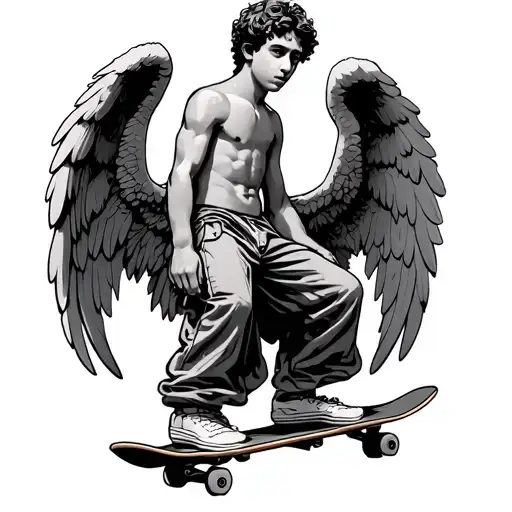 young man angel on skateboard tattoo design idea