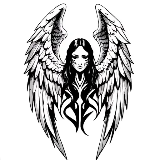 A neo-traditional gothic angel tattoo featuring elegantly elongated, yet slender wings. The angel's face remains an enig tattoo design idea