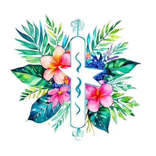 bright tropical flowers and leaves with EMS star of life in center tattoo design idea