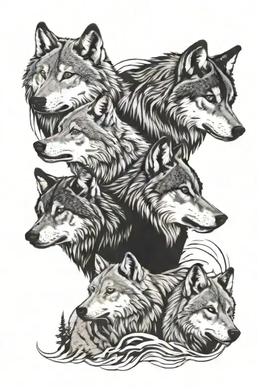 2 Wolves overlooking 4 wolves in a pack tattoo design idea