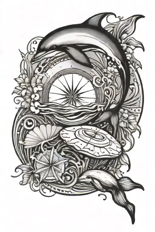 dolphin and sand dollar in the shape of a semi colon tattoo design idea