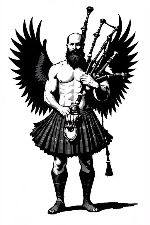 shirtless muscular bagpiper bald black beard playing bagpipes huge black wings black background tattoo design idea