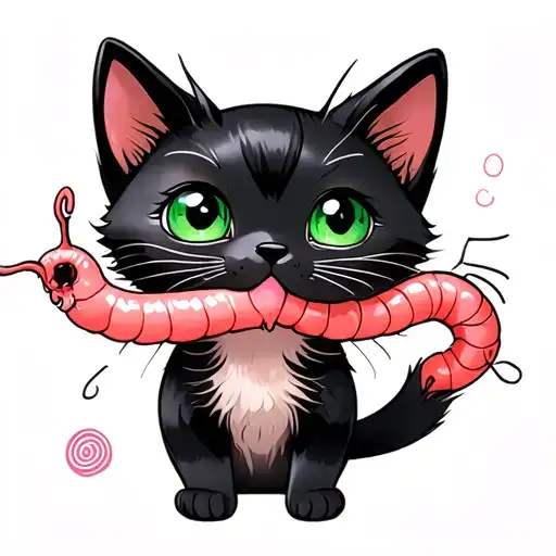 black kitten with green eyes and a pink worm in his mouth, full body, cute tattoo design idea