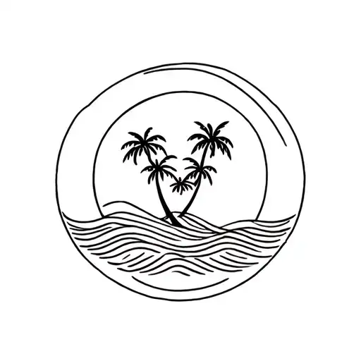 palm trees with a circle filled with wave behind it tattoo design idea