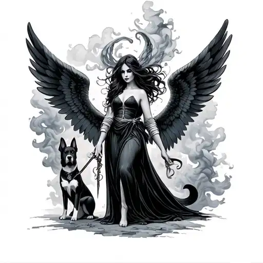 dark angel woman with wings holding staff intertwined into smoke with a dog besides tattoo design idea