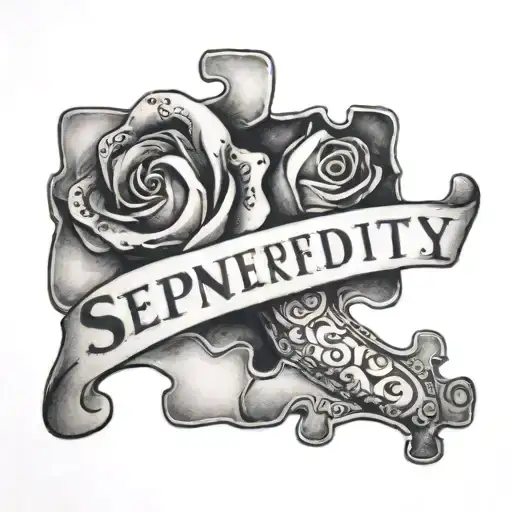 the phrase "serendipity has been found by fortune" with two puzzle pieces  tattoo design idea