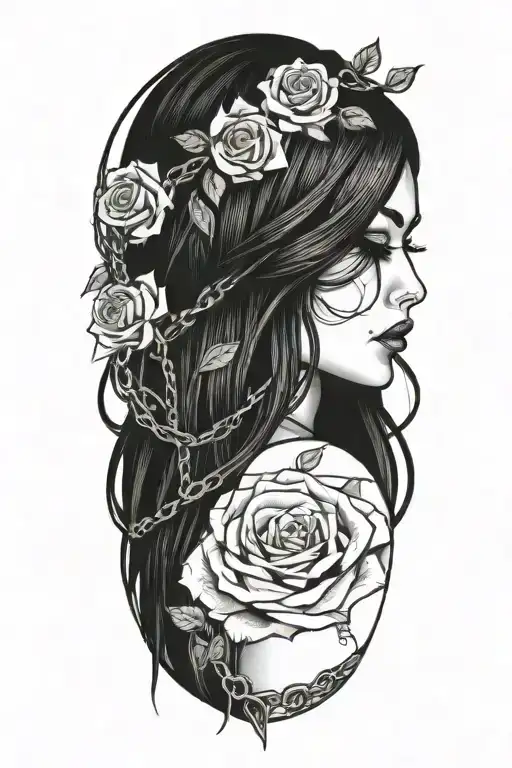 Naked girl, intertwined roots growing from chains on wrist, roses with sharp vines tattoo design idea