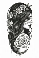 Naked girl, intertwined roots growing from chains on wrist, roses with sharp vines tattoo design idea