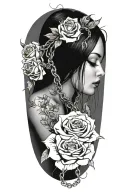 Naked girl, intertwined roots growing from chains on wrist, roses with sharp vines tattoo design idea