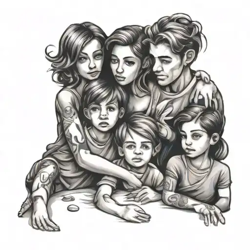 family of 5, one boy 2 girls tattoo design idea