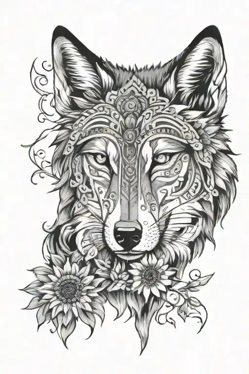 wolf,sunflower,aztec tattoo design idea