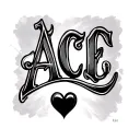 the word ace with a small heart attached, in fine line cursive  tattoo design idea