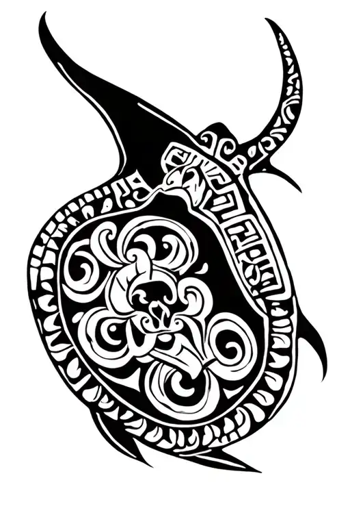 mayan themed manta ray and turtle swimming tattoo design idea